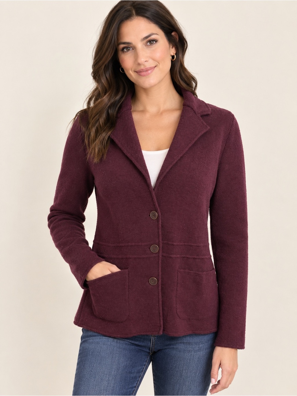 Talbots Plum Burgundy Textured Knit Blazer Jacket Size L